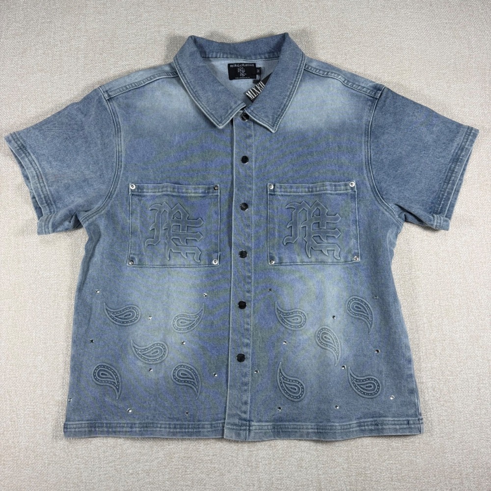 Mixed Emotion Mens Blue Denim Short Sleeve Shirt Embossed Paisley‎ Rhinestone M